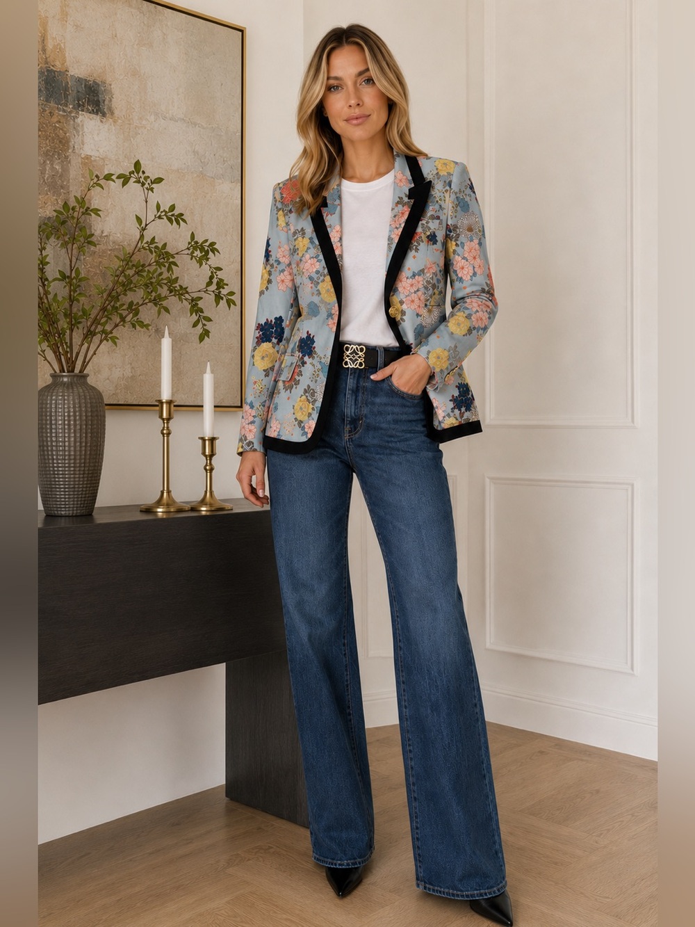 Smythe Floral Notch Lapel Blazer Blue Black Tuxedo Trim | Size 4
